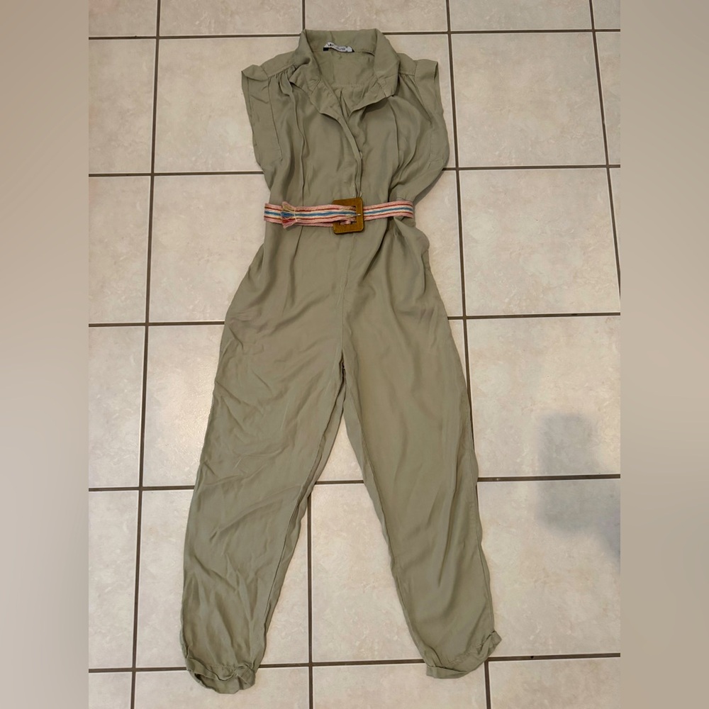 Zara olive green jumpsuit with rafia belt
